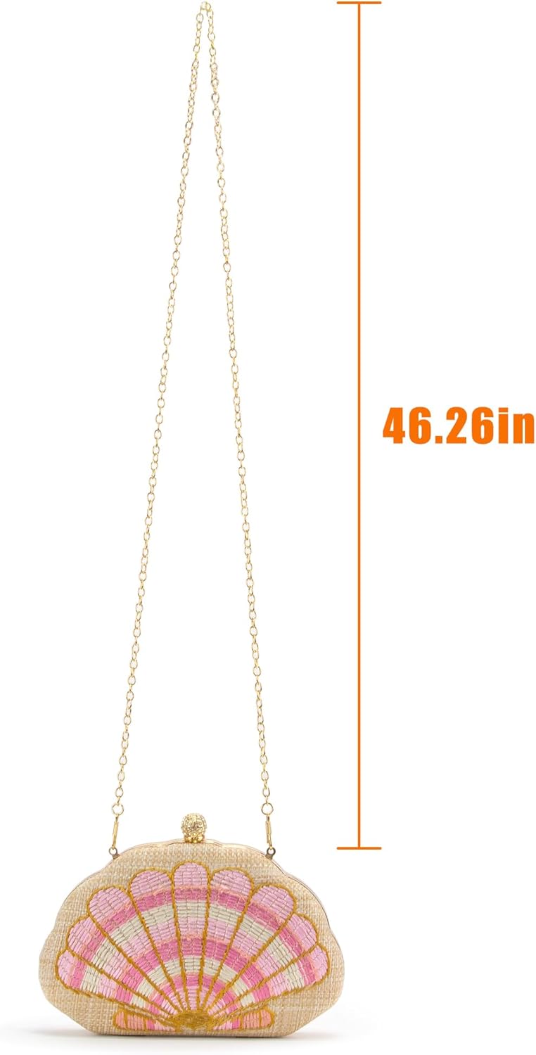 Women's Straw Woven Clutch Purse Embroider Shellsea Pattern Handbag