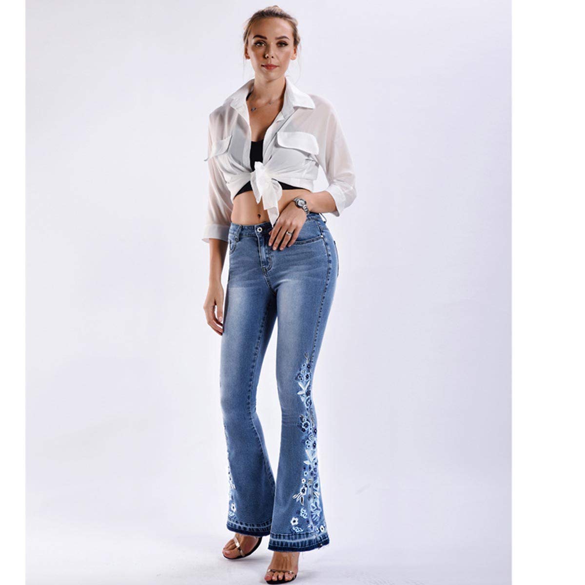 Lisskolo Bell Bottom Jeans for Women Flared Floral Embroidered Jean Wide Leg Denim Pants