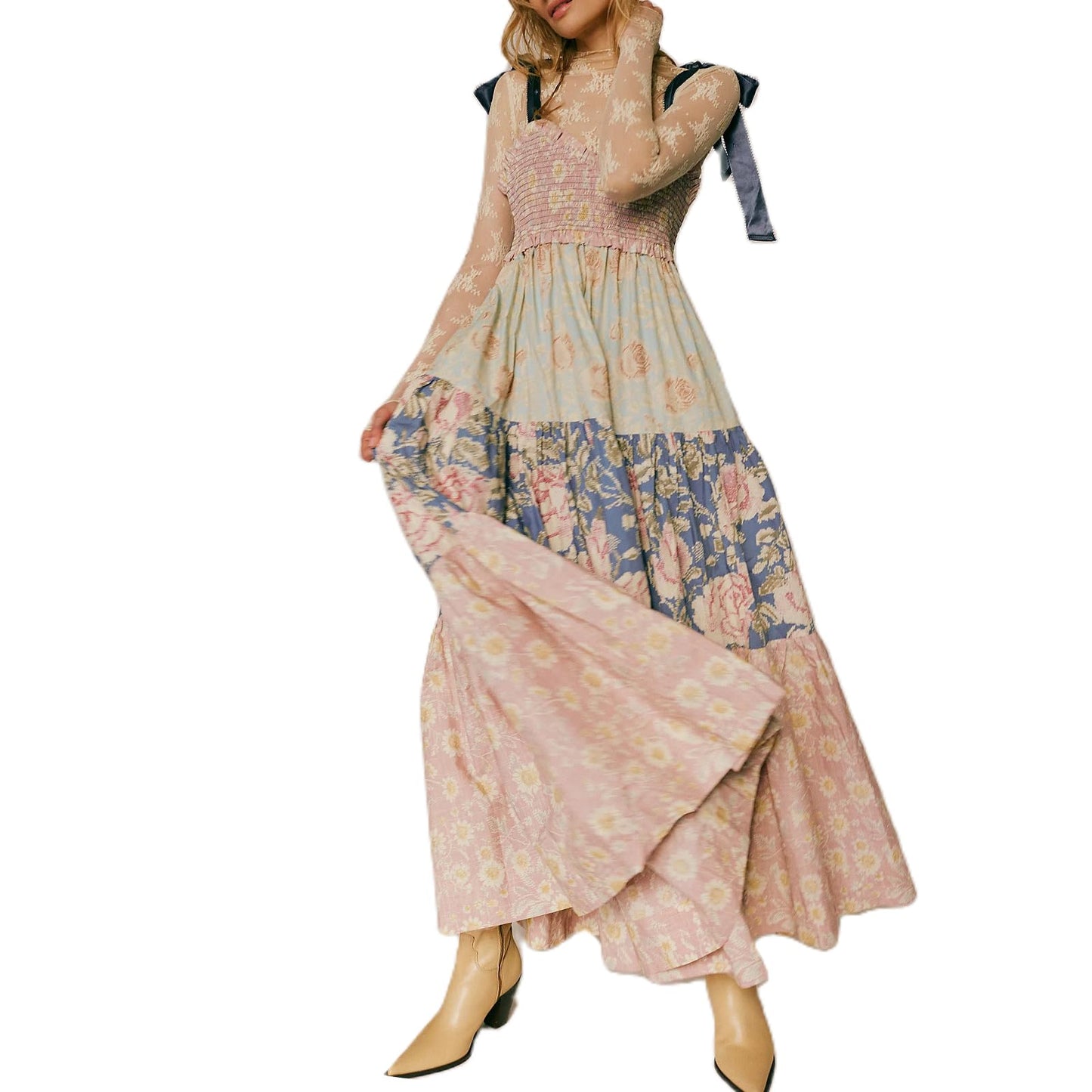 Women Summer Dresses Flowy Smocked Maxi Dress Sleeveless Tie Shoulder Boho Dresses Y2K Floral Beach Sundresses