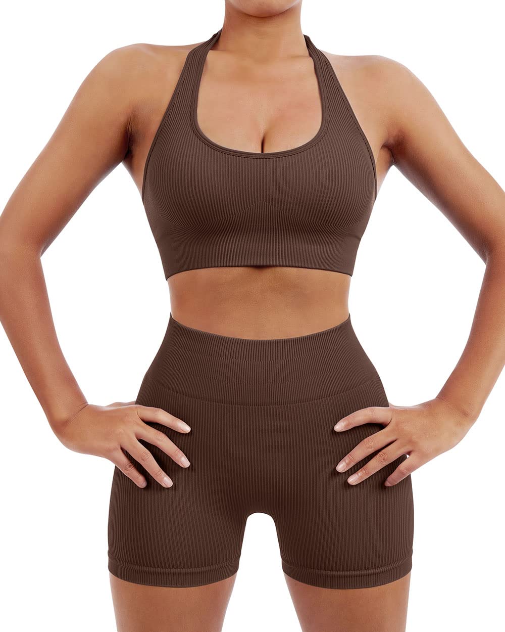 SUUKSESS Women Seamless Ribbed Workout Set Backless Sports Bra Booty Biker Short