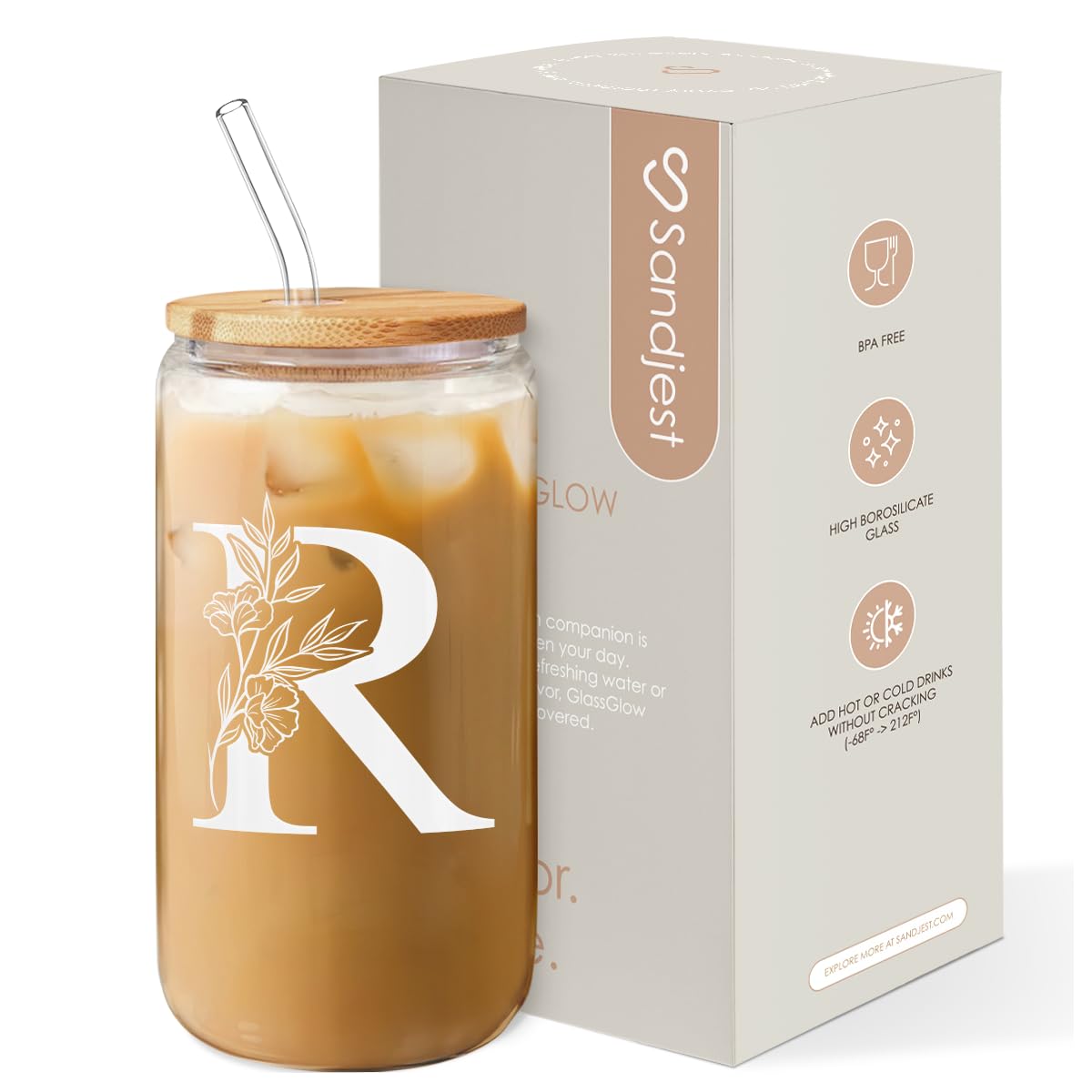 SANDJEST Monogrammed Gifts for Women - Monogram D Initial Glass Cup 16 Oz Can Coffee Cups with Lid and Straw - Monogram Initials Gifts for Womens on Birthday