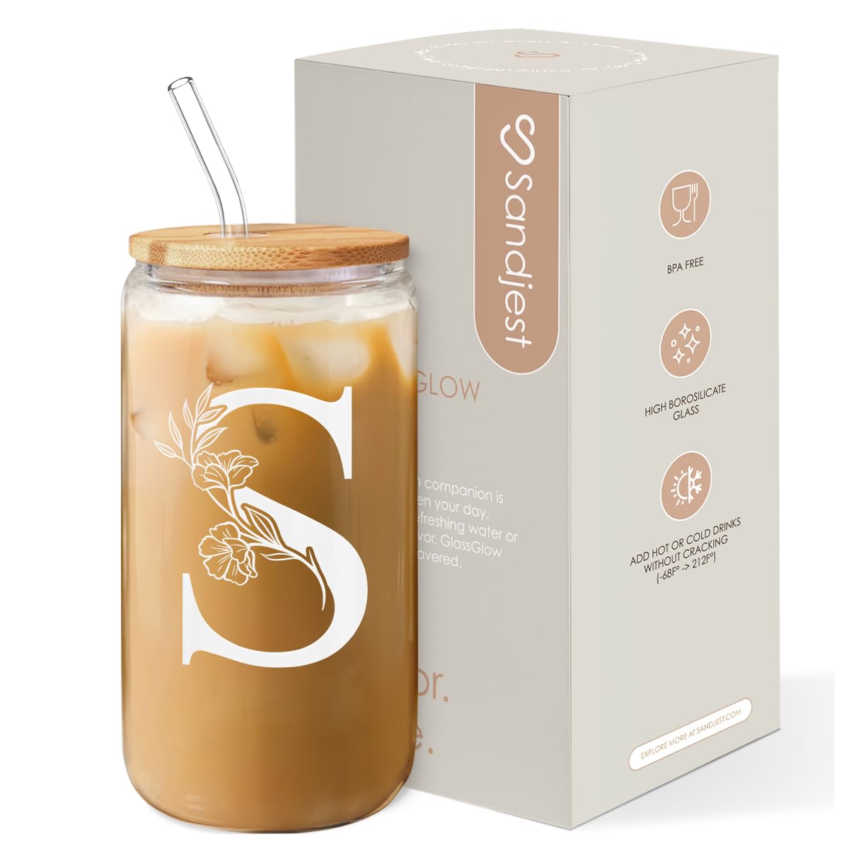 SANDJEST Monogrammed Gifts for Women - Monogram D Initial Glass Cup 16 Oz Can Coffee Cups with Lid and Straw - Monogram Initials Gifts for Womens on Birthday