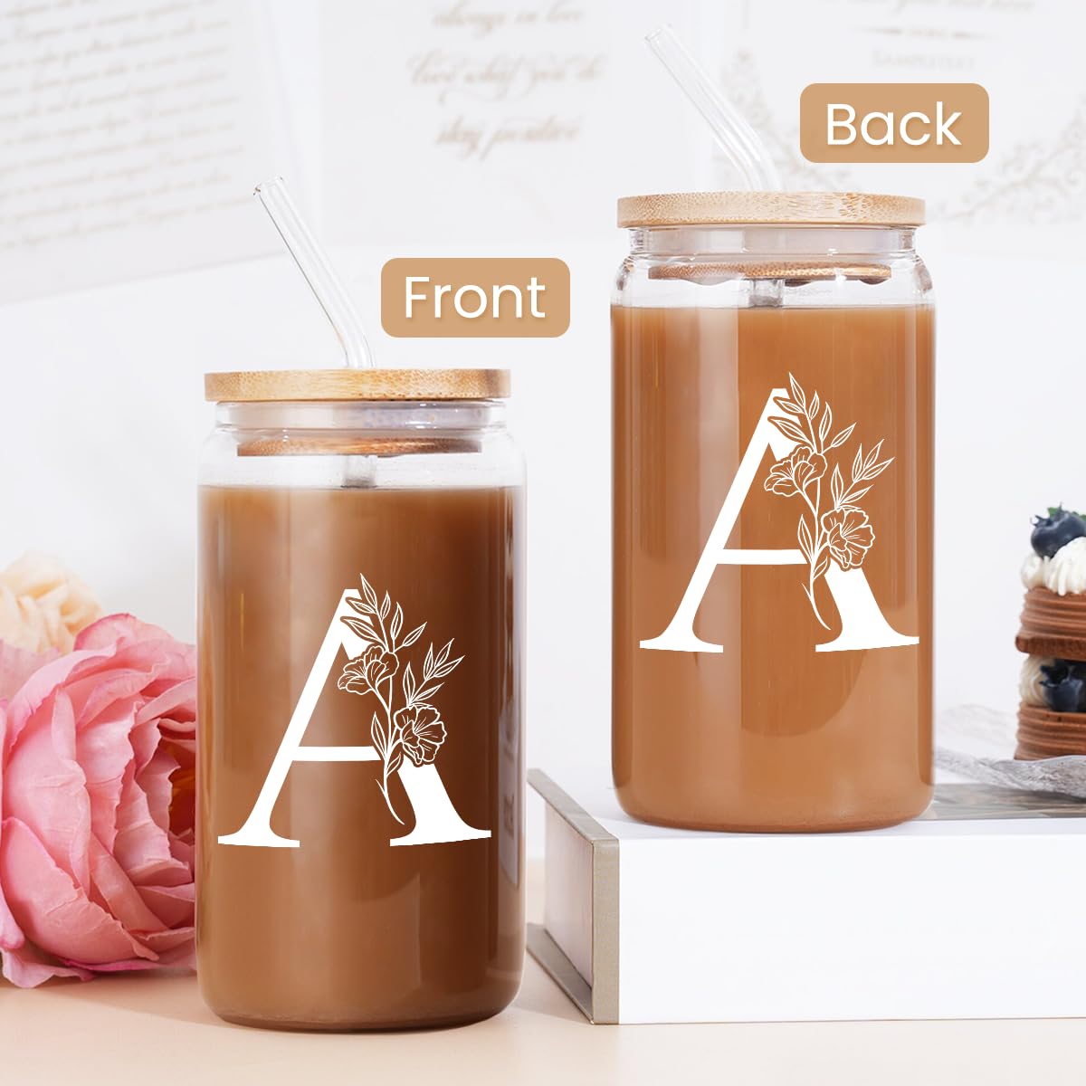 SANDJEST Monogrammed Gifts for Women - Monogram D Initial Glass Cup 16 Oz Can Coffee Cups with Lid and Straw - Monogram Initials Gifts for Womens on Birthday