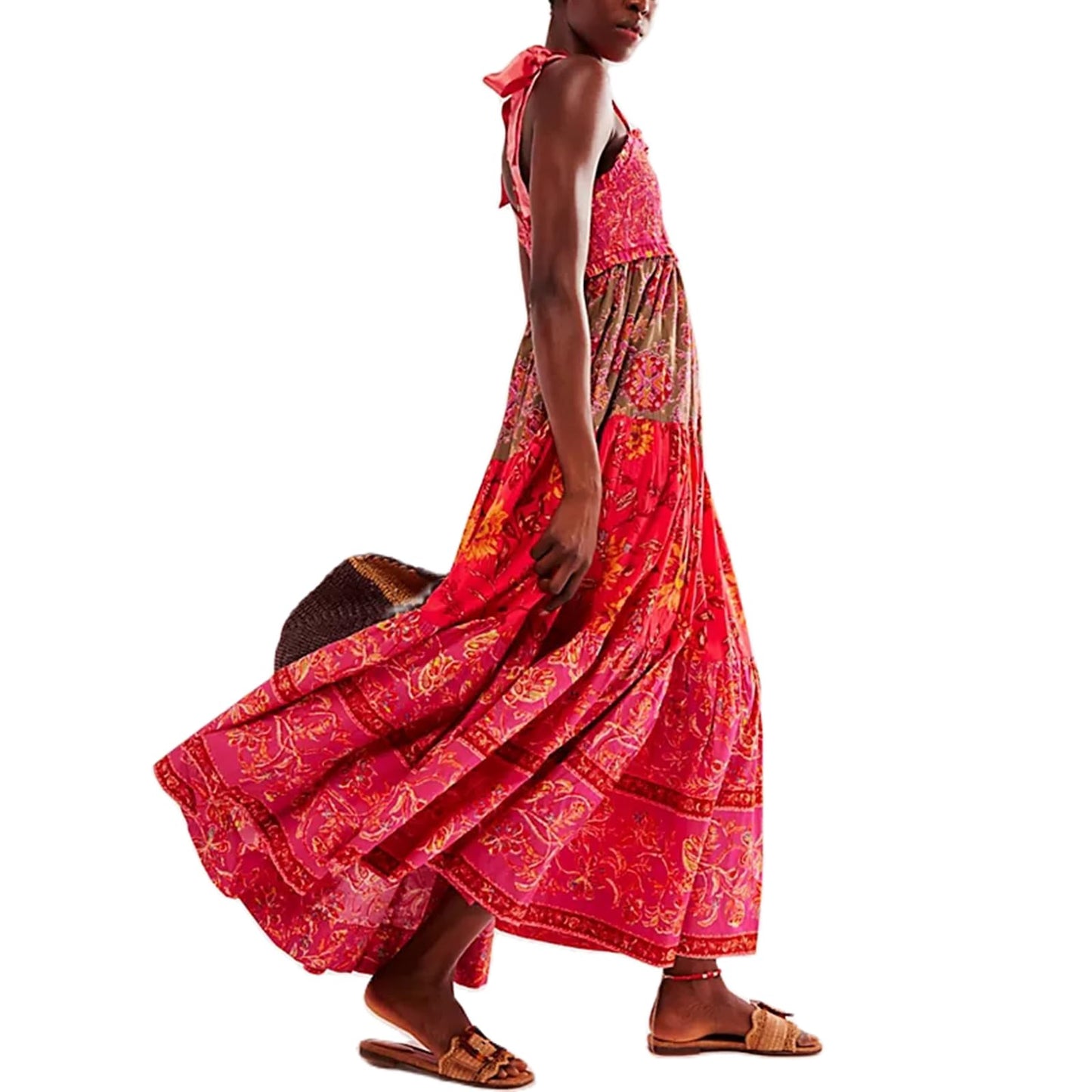 Women Summer Dresses Flowy Smocked Maxi Dress Sleeveless Tie Shoulder Boho Dresses Y2K Floral Beach Sundresses