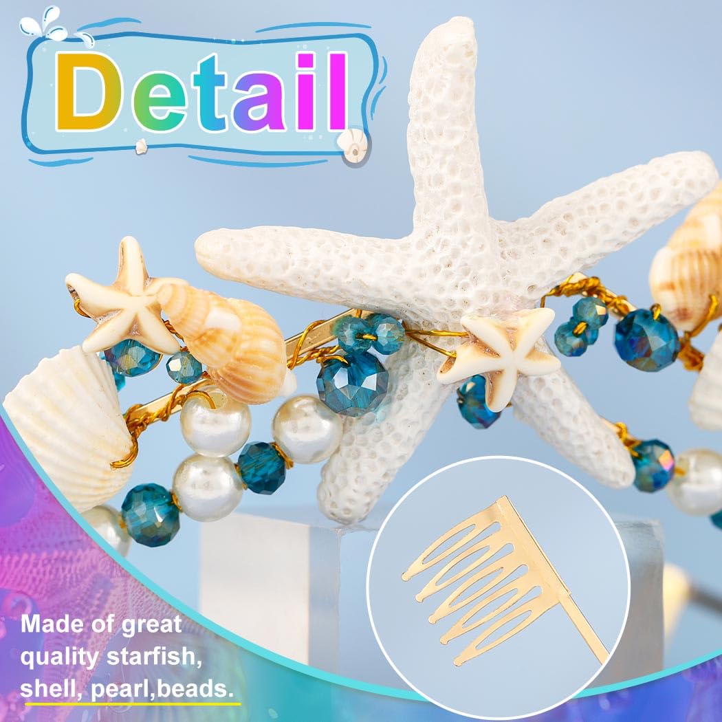 CAKURE Sea Star Crown Headband Boho Starfish Tiaras Beach Wedding Crowns Headpiece Sea Shell Headbands Pearl Beach Wedding Hair Accessories for Women