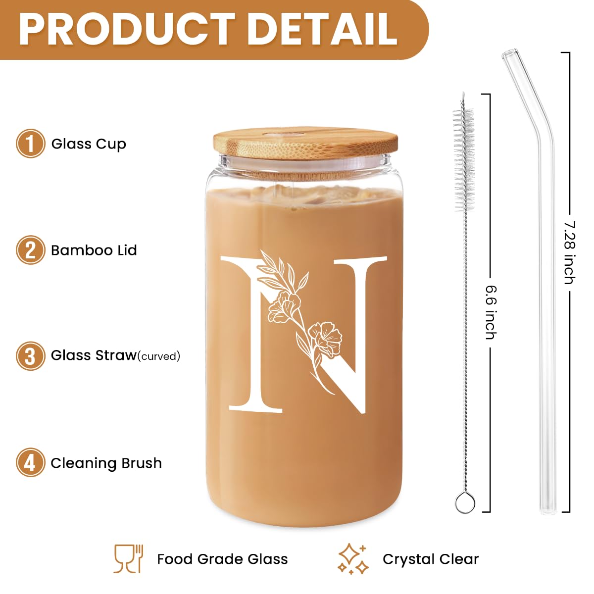 SANDJEST Monogrammed Gifts for Women - Monogram D Initial Glass Cup 16 Oz Can Coffee Cups with Lid and Straw - Monogram Initials Gifts for Womens on Birthday