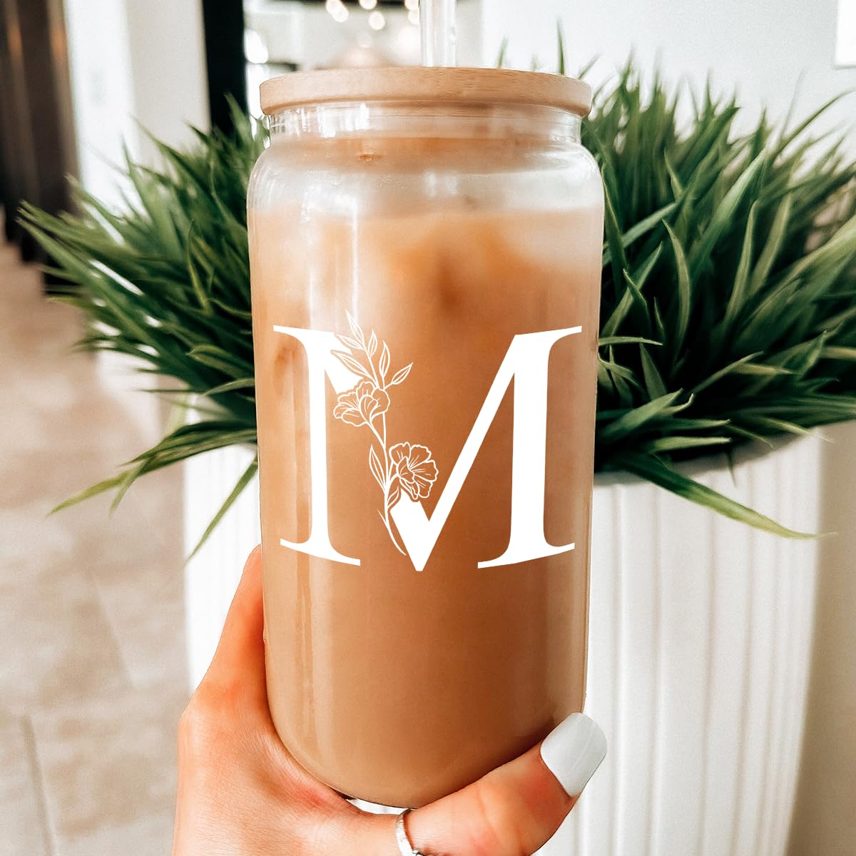 SANDJEST Monogrammed Gifts for Women - Monogram D Initial Glass Cup 16 Oz Can Coffee Cups with Lid and Straw - Monogram Initials Gifts for Womens on Birthday