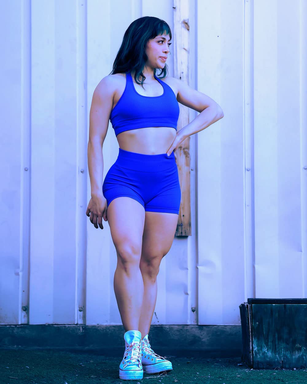 SUUKSESS Women Seamless Ribbed Workout Set Backless Sports Bra Booty Biker Short