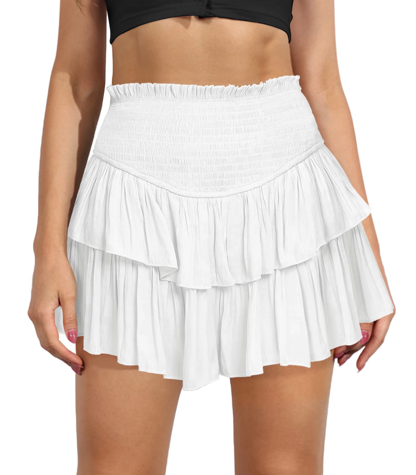 Women's Cute High Waist Ruffle Mini Skirt Layered Ruffle Hem Flared Flowy Casual Swing Beach Mini Short Skirt