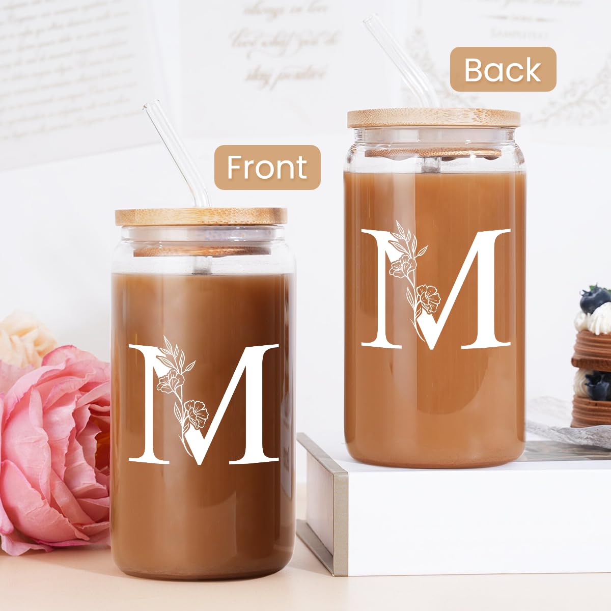 SANDJEST Monogrammed Gifts for Women - Monogram D Initial Glass Cup 16 Oz Can Coffee Cups with Lid and Straw - Monogram Initials Gifts for Womens on Birthday