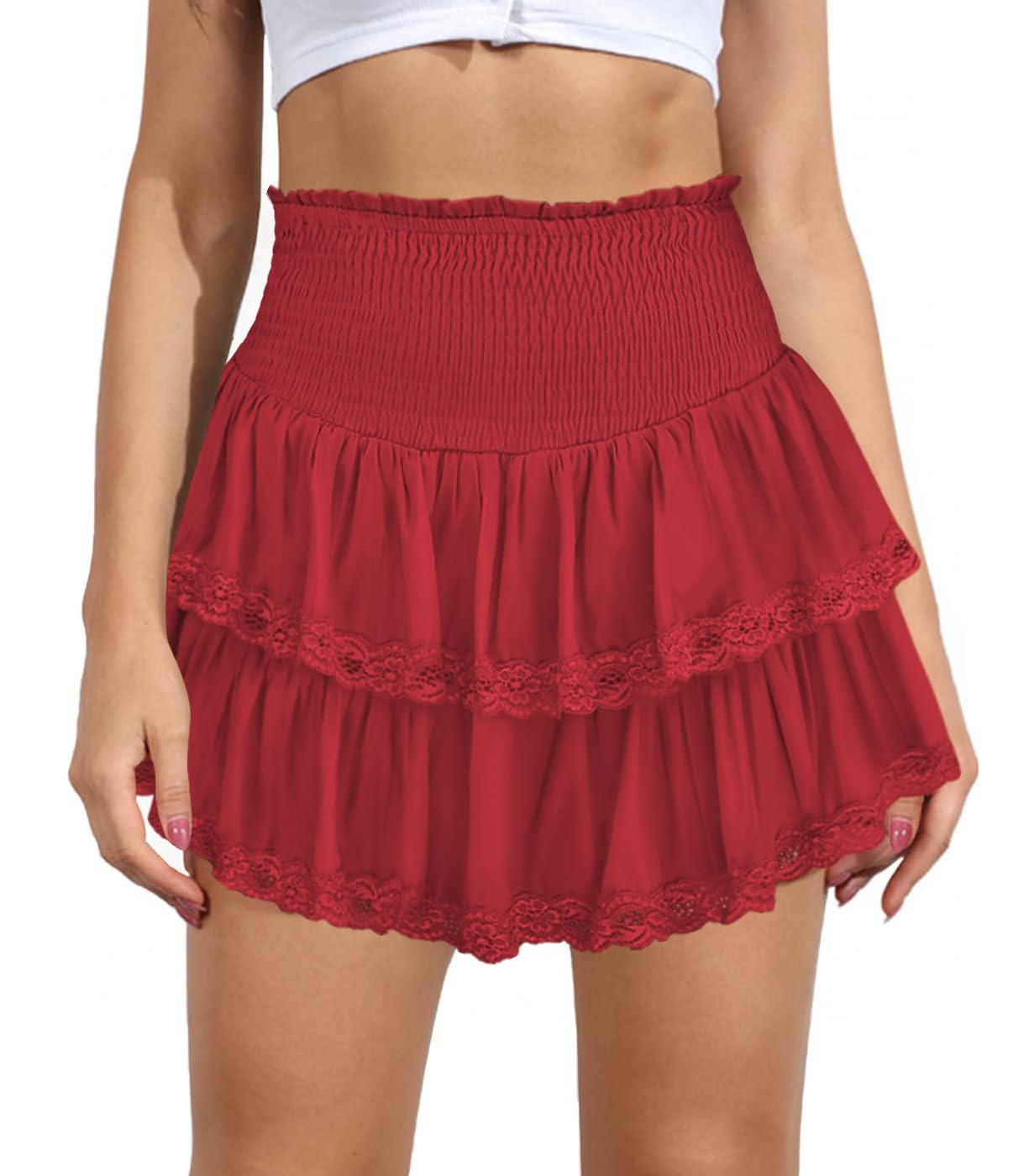 Women's Cute High Waist Ruffle Mini Skirt Layered Ruffle Hem Flared Flowy Casual Swing Beach Mini Short Skirt