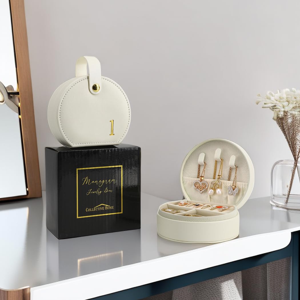 COLLECTIVE HOME - Travel Jewelry Case, Elegant Half-Moon Design with Gold Monogram, Detachable Handle, Personalized Accessory Organizer, Gift for Fashion-Forward Women and Teens (s)