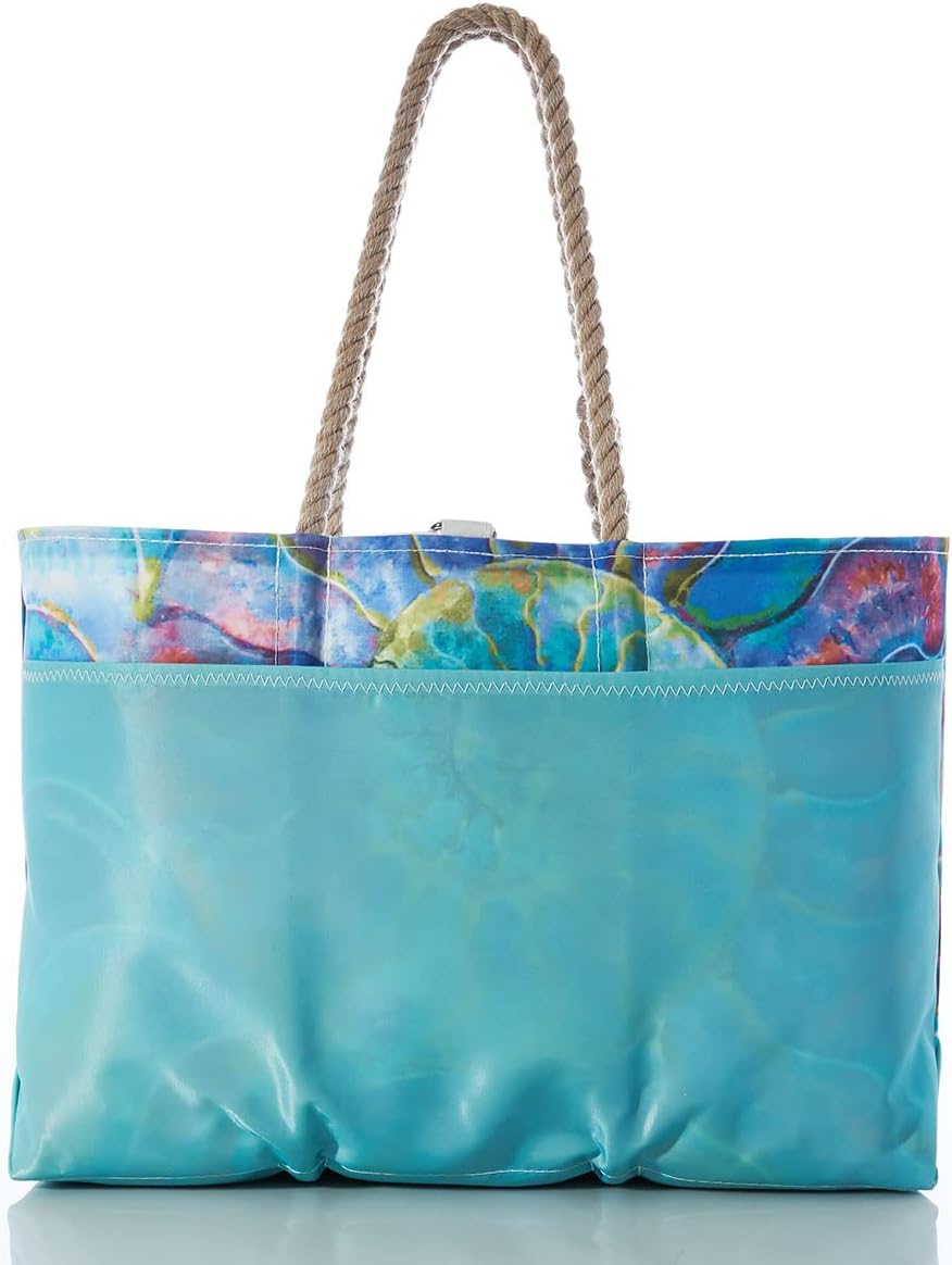 Sea Bags Recycled Sail Cloth Multicolor Nautilus Beach Tote Water Resistant Boating Beach Bag, Large Travel Tote Interior and Exterior Pockets
