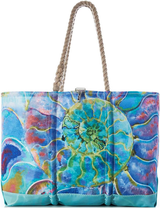 Sea Bags Recycled Sail Cloth Multicolor Nautilus Beach Tote Water Resistant Boating Beach Bag, Large Travel Tote Interior and Exterior Pockets