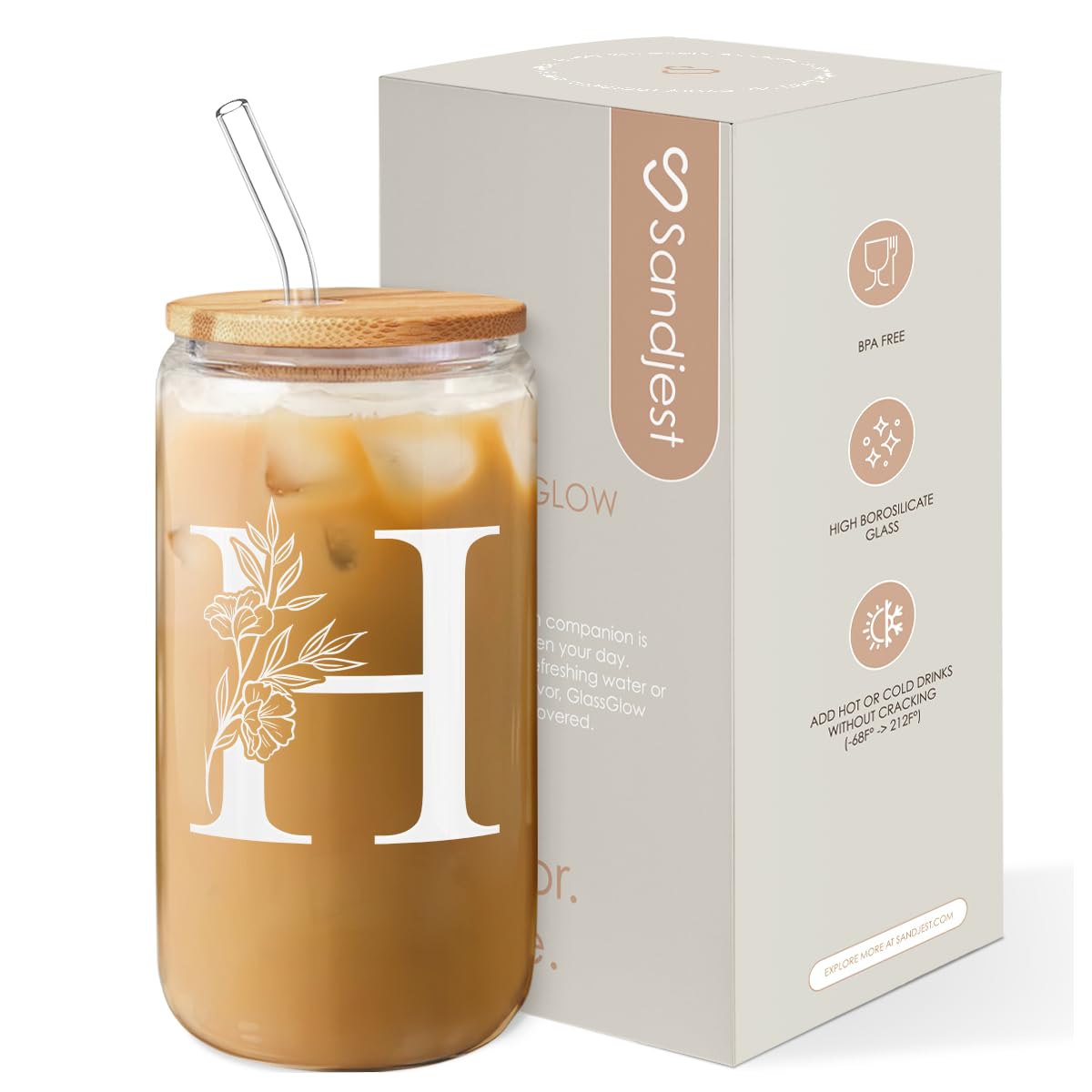 SANDJEST Monogrammed Gifts for Women - Monogram D Initial Glass Cup 16 Oz Can Coffee Cups with Lid and Straw - Monogram Initials Gifts for Womens on Birthday