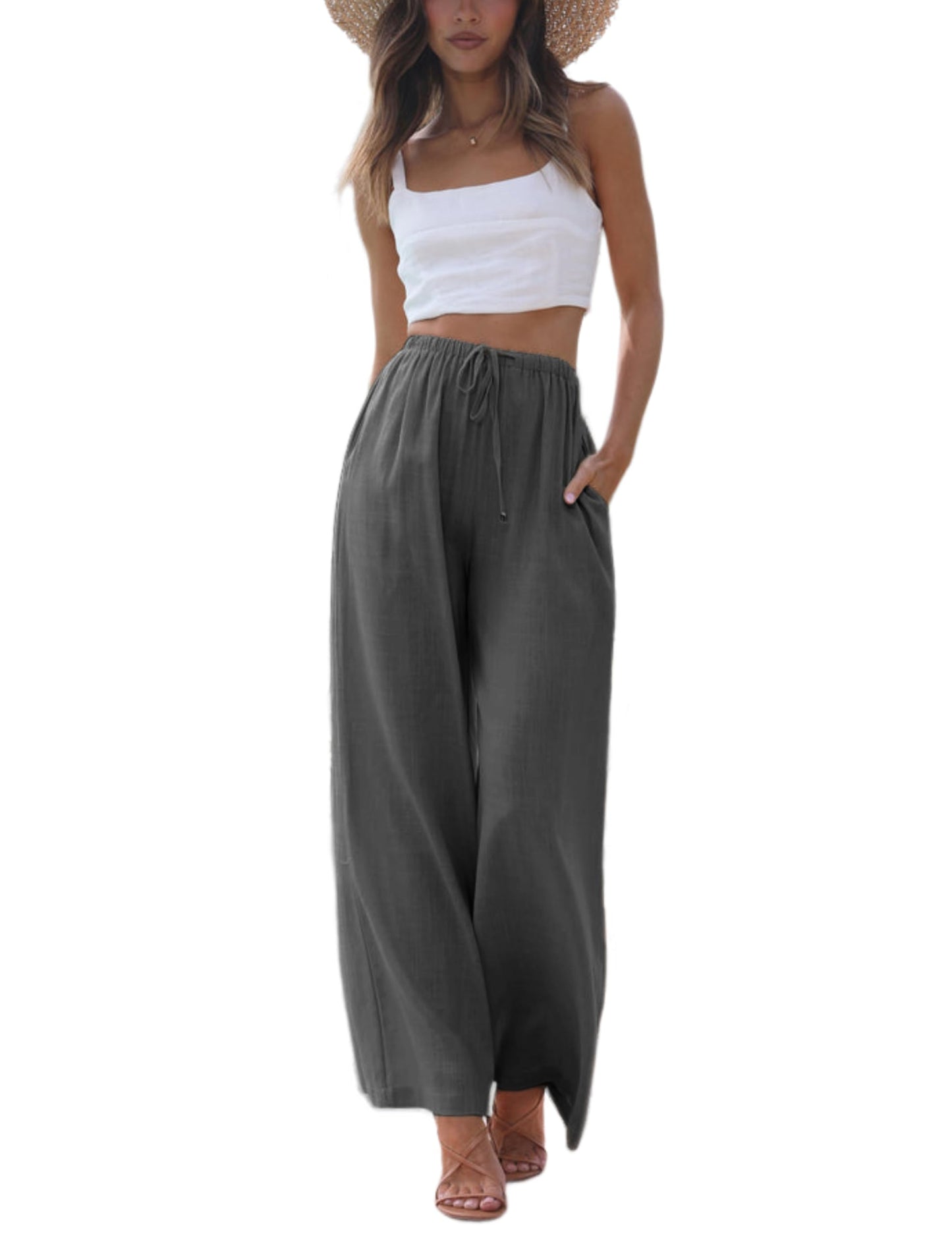 Faleave Women's Cotton Linen Summer Palazzo Pants Flowy Wide Leg Beach Trousers with Pockets