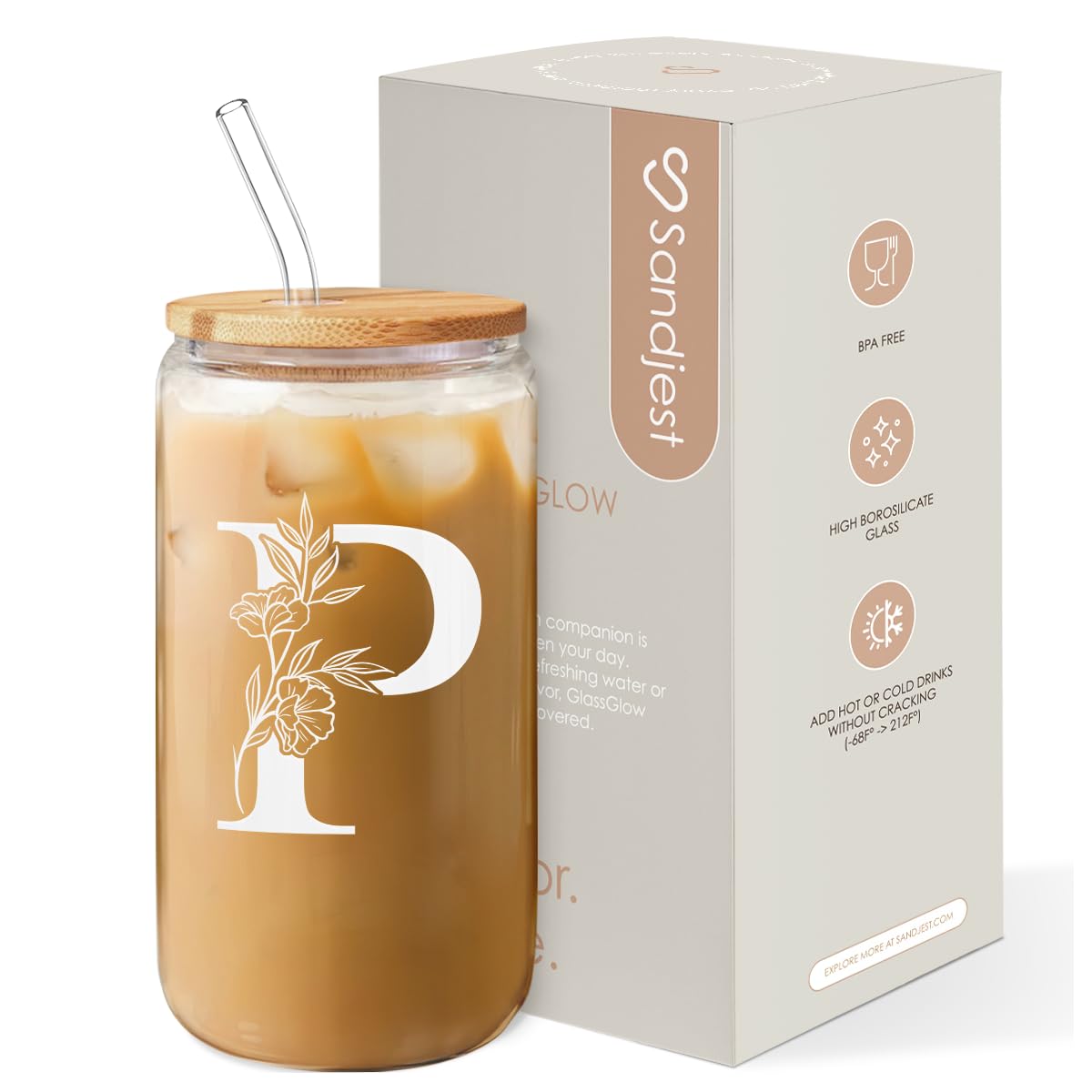 SANDJEST Monogrammed Gifts for Women - Monogram D Initial Glass Cup 16 Oz Can Coffee Cups with Lid and Straw - Monogram Initials Gifts for Womens on Birthday