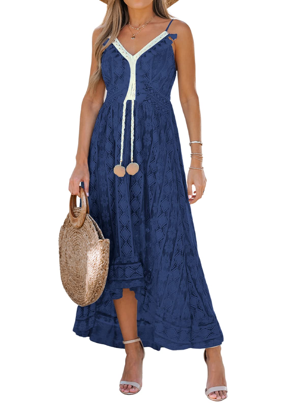 CUPSHE Women's Summer Dresses Sleeveless Lace Casual Tassel Beach Spaghetti Straps Flowy Maxi Sun Dress