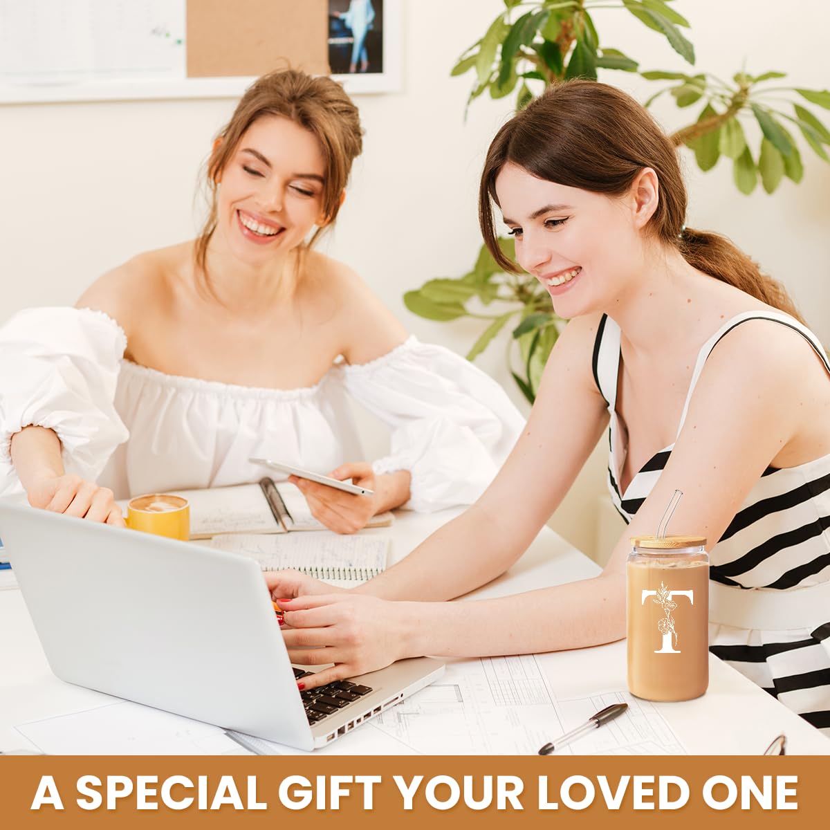 SANDJEST Monogrammed Gifts for Women - Monogram D Initial Glass Cup 16 Oz Can Coffee Cups with Lid and Straw - Monogram Initials Gifts for Womens on Birthday