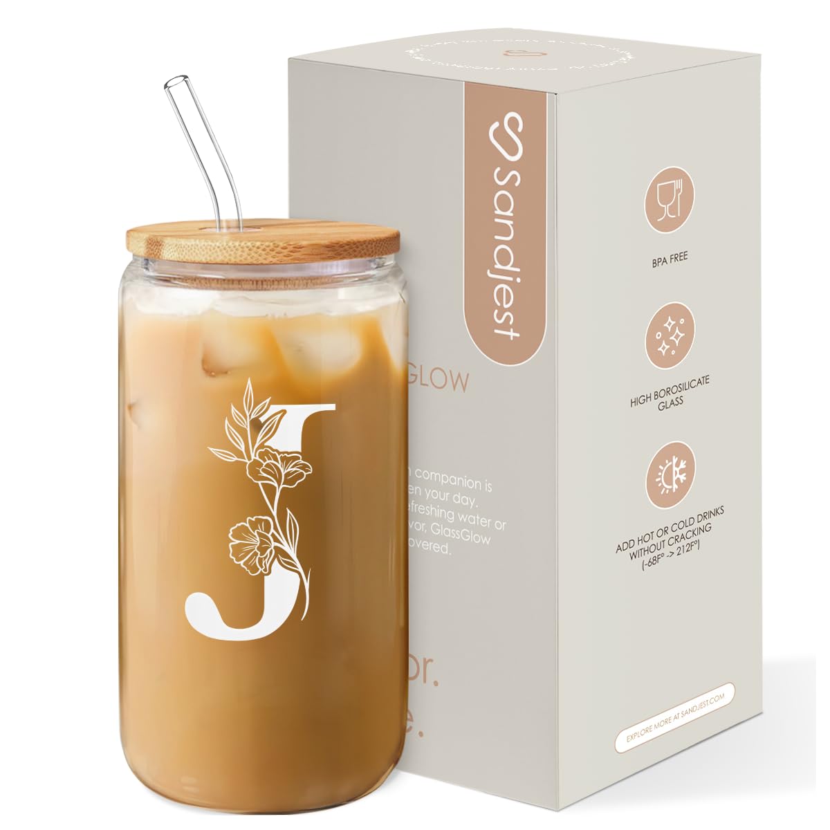 SANDJEST Monogrammed Gifts for Women - Monogram D Initial Glass Cup 16 Oz Can Coffee Cups with Lid and Straw - Monogram Initials Gifts for Womens on Birthday