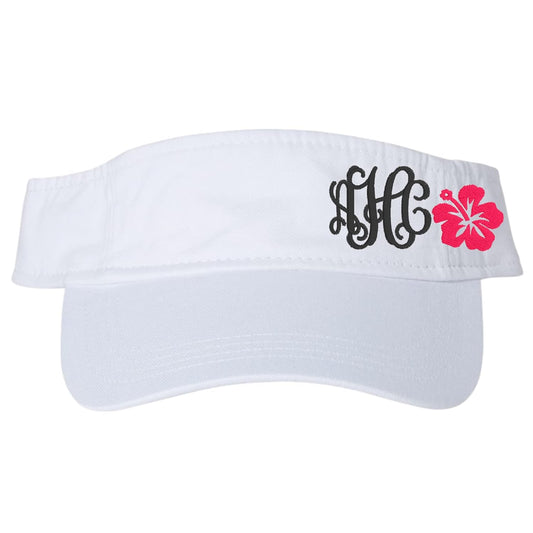 Women's Custom Monogrammed Hibiscus Flower Initials Visor, Embroidered Handmade Adjustable, Distressed or Non-Distressed, Beach Cruise Maui Florida Hawaii, Gift for Her Wife Friend Sister Mom