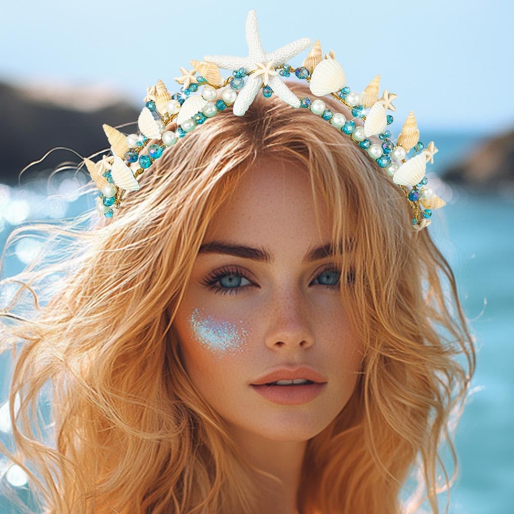 CAKURE Sea Star Crown Headband Boho Starfish Tiaras Beach Wedding Crowns Headpiece Sea Shell Headbands Pearl Beach Wedding Hair Accessories for Women