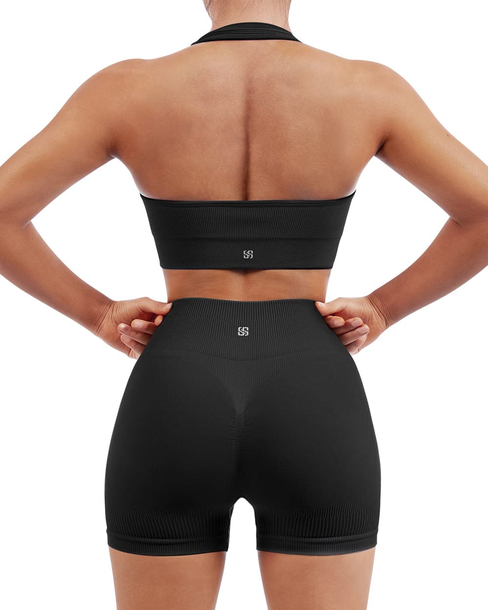 SUUKSESS Women Seamless Ribbed Workout Set Backless Sports Bra Booty Biker Short