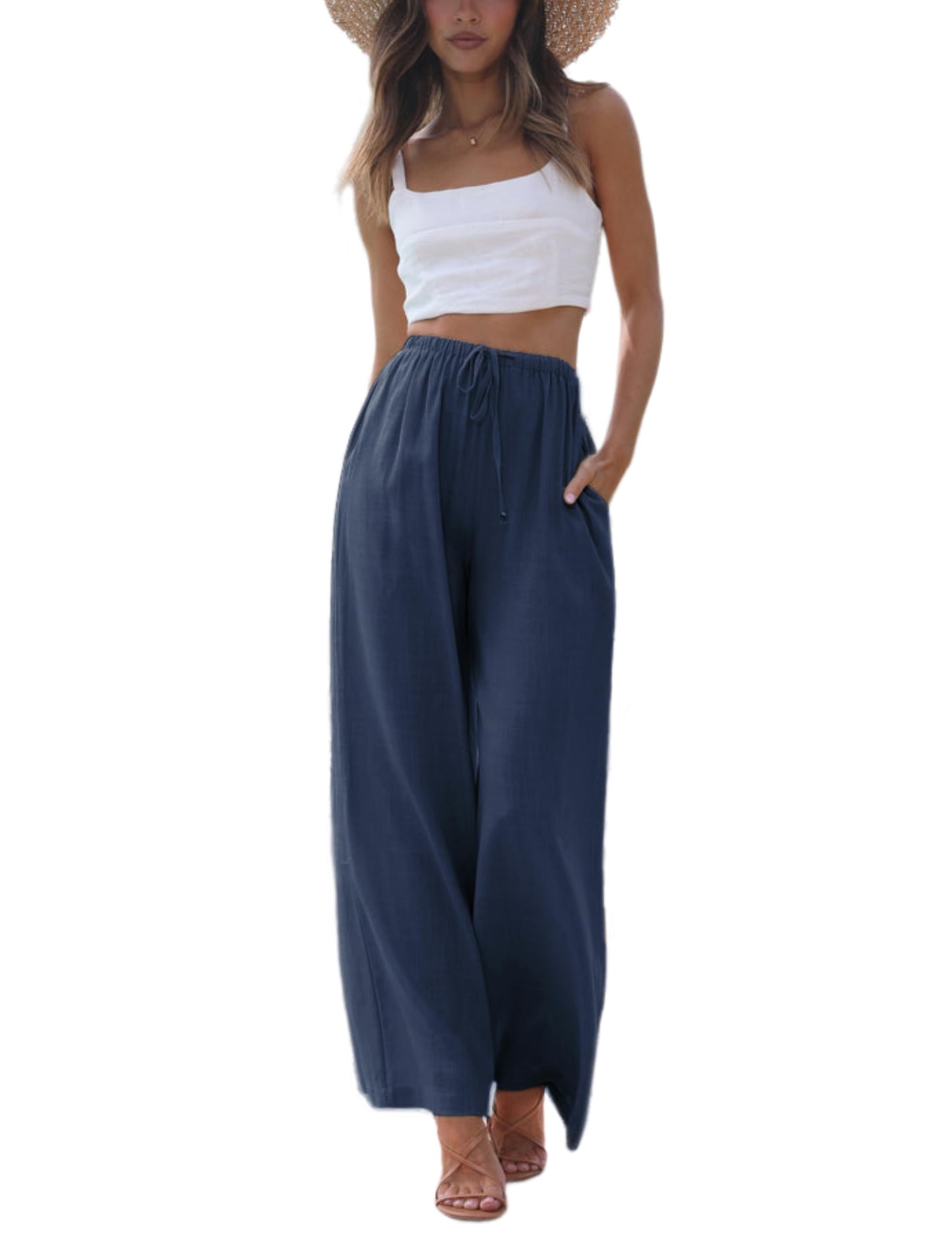 Faleave Women's Cotton Linen Summer Palazzo Pants Flowy Wide Leg Beach Trousers with Pockets