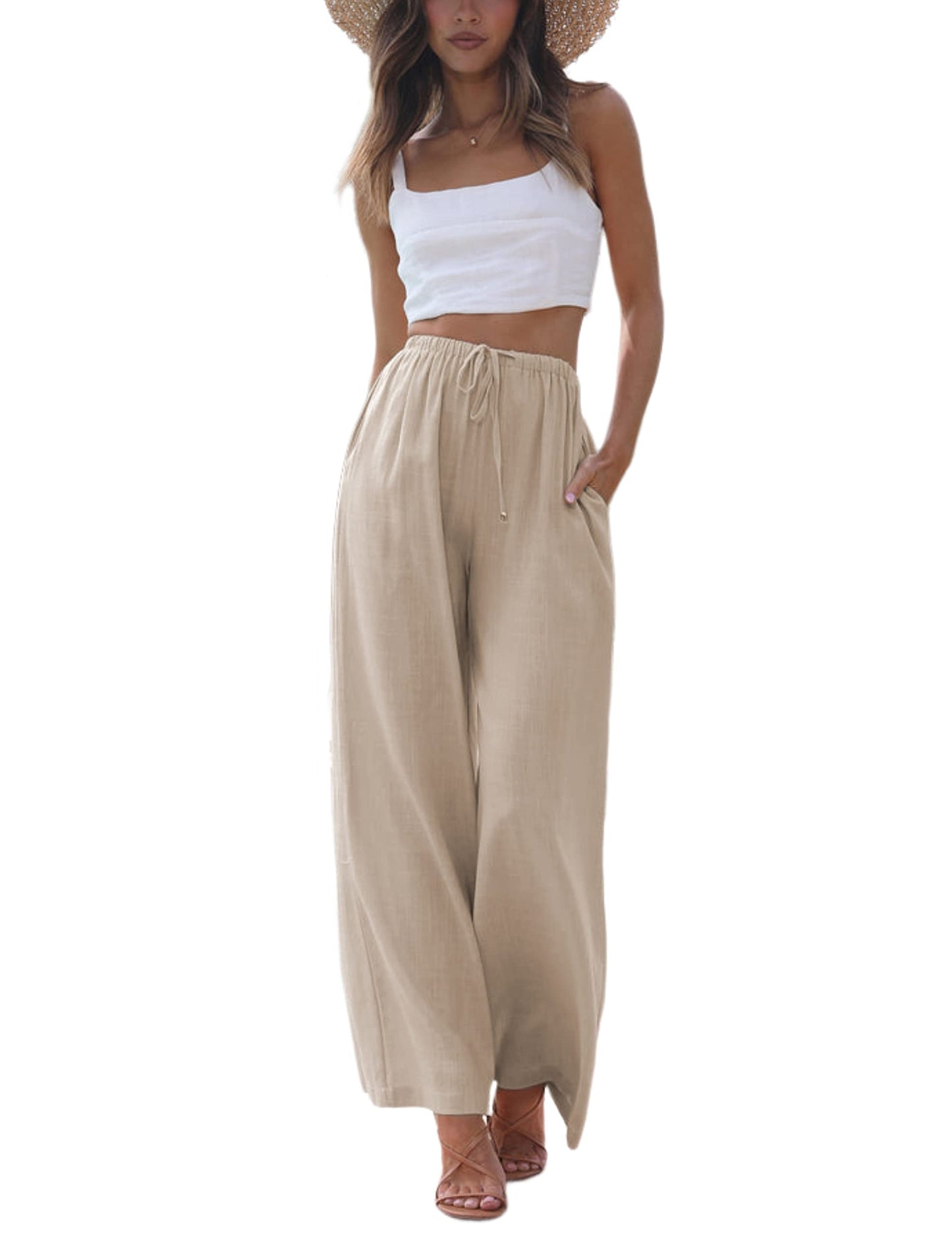 Faleave Women's Cotton Linen Summer Palazzo Pants Flowy Wide Leg Beach Trousers with Pockets