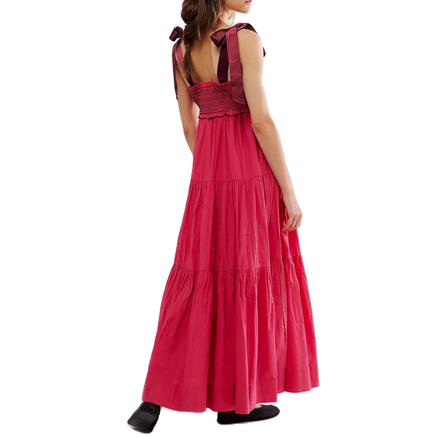 Women Summer Dresses Flowy Smocked Maxi Dress Sleeveless Tie Shoulder Boho Dresses Y2K Floral Beach Sundresses