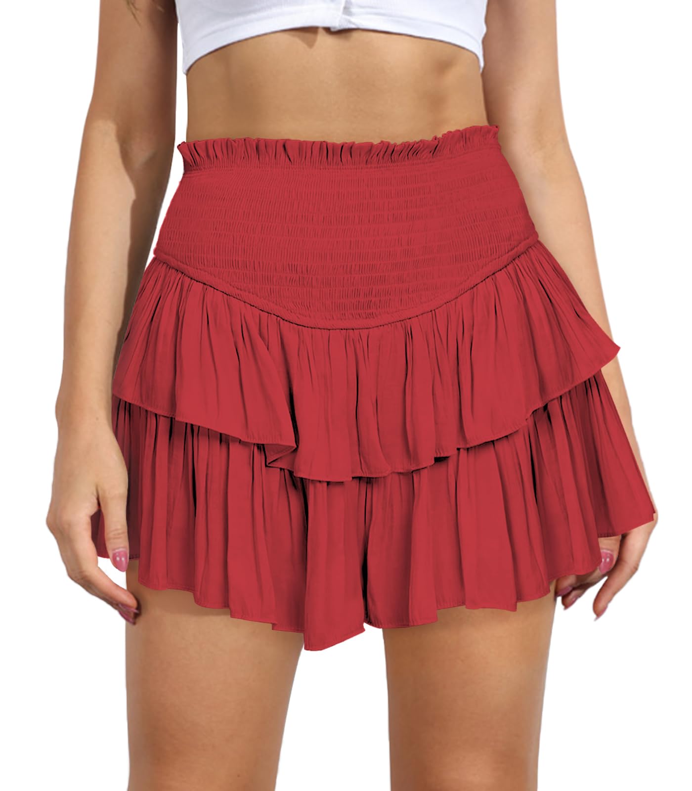 Women's Cute High Waist Ruffle Mini Skirt Layered Ruffle Hem Flared Flowy Casual Swing Beach Mini Short Skirt
