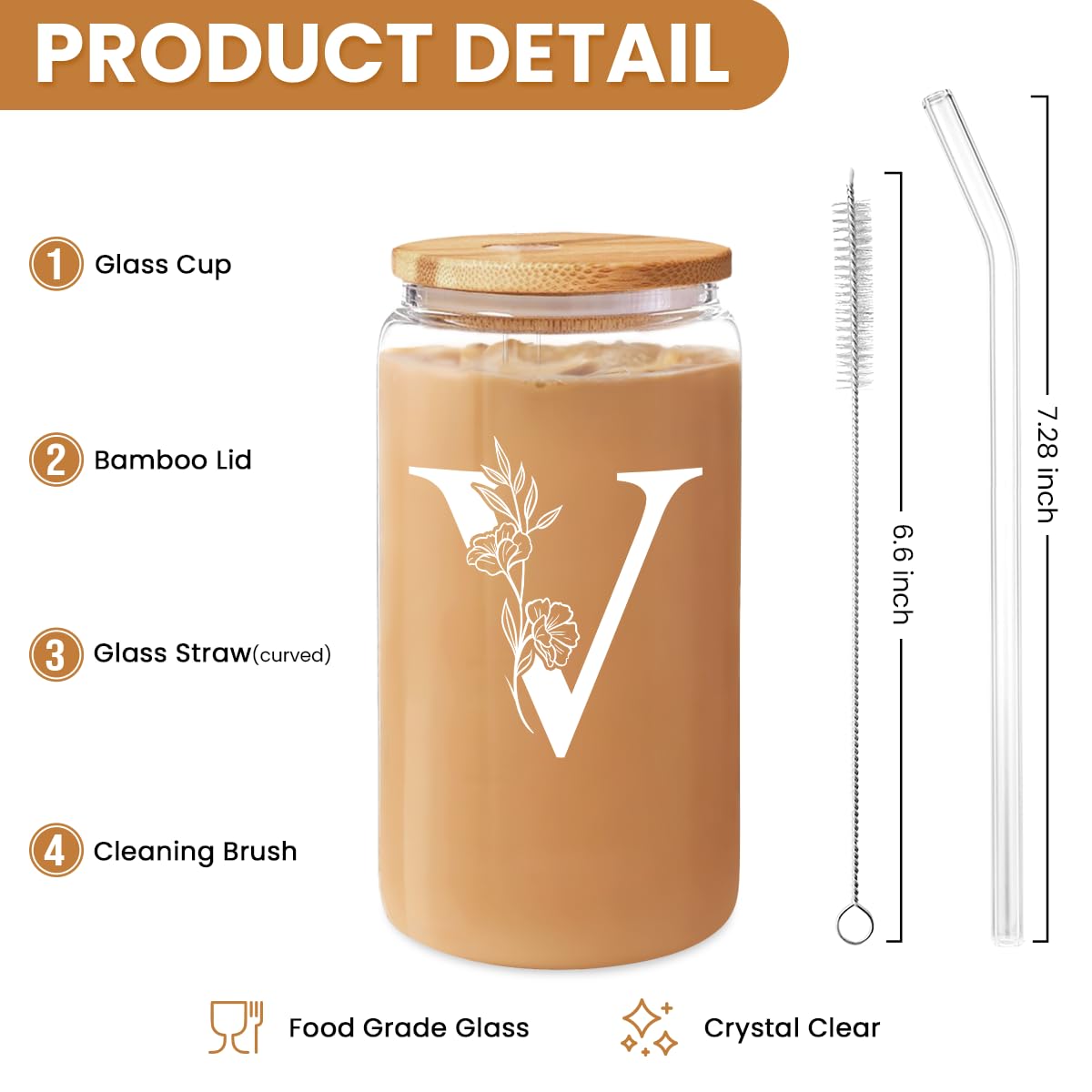 SANDJEST Monogrammed Gifts for Women - Monogram D Initial Glass Cup 16 Oz Can Coffee Cups with Lid and Straw - Monogram Initials Gifts for Womens on Birthday