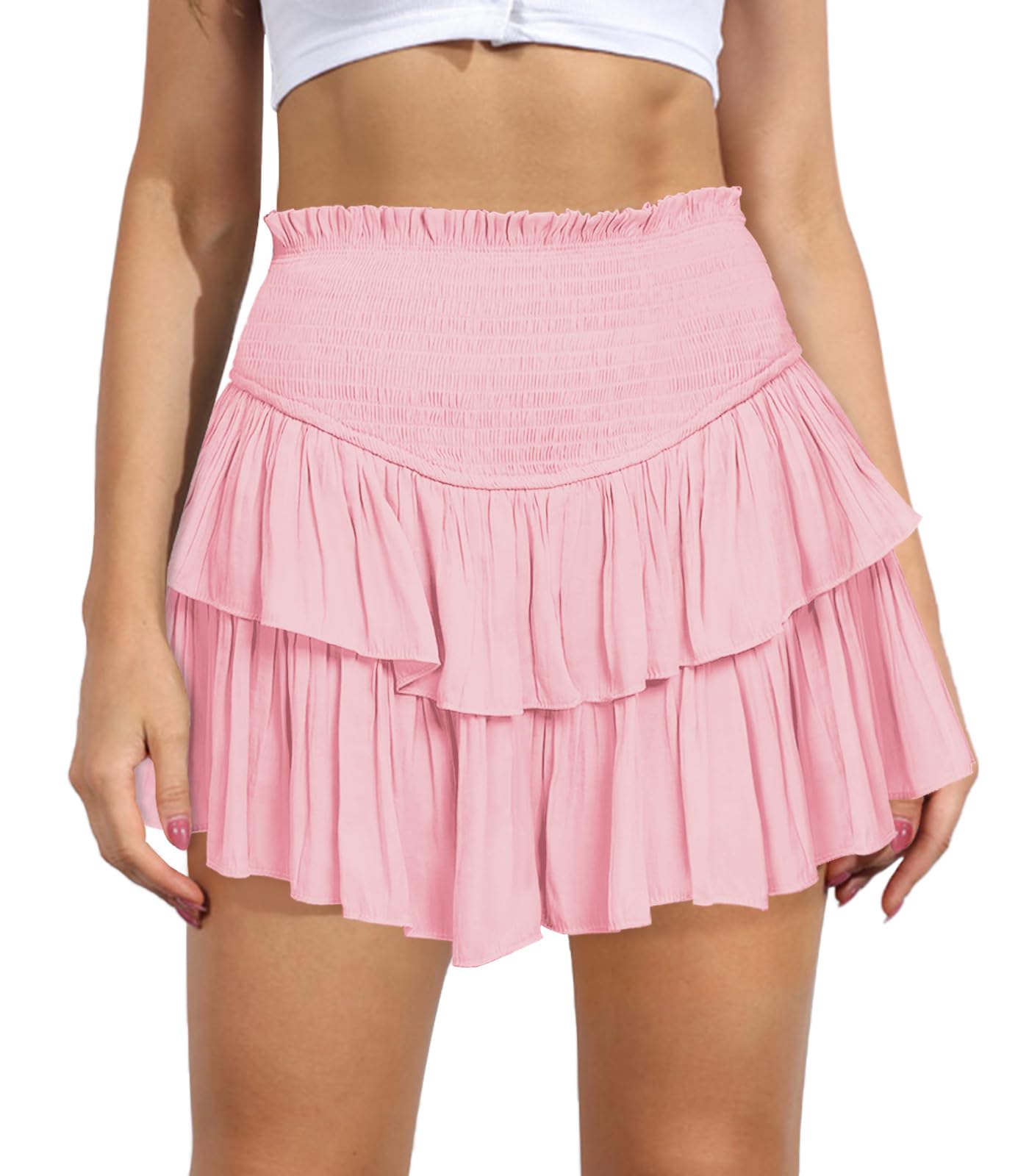 Women's Cute High Waist Ruffle Mini Skirt Layered Ruffle Hem Flared Flowy Casual Swing Beach Mini Short Skirt