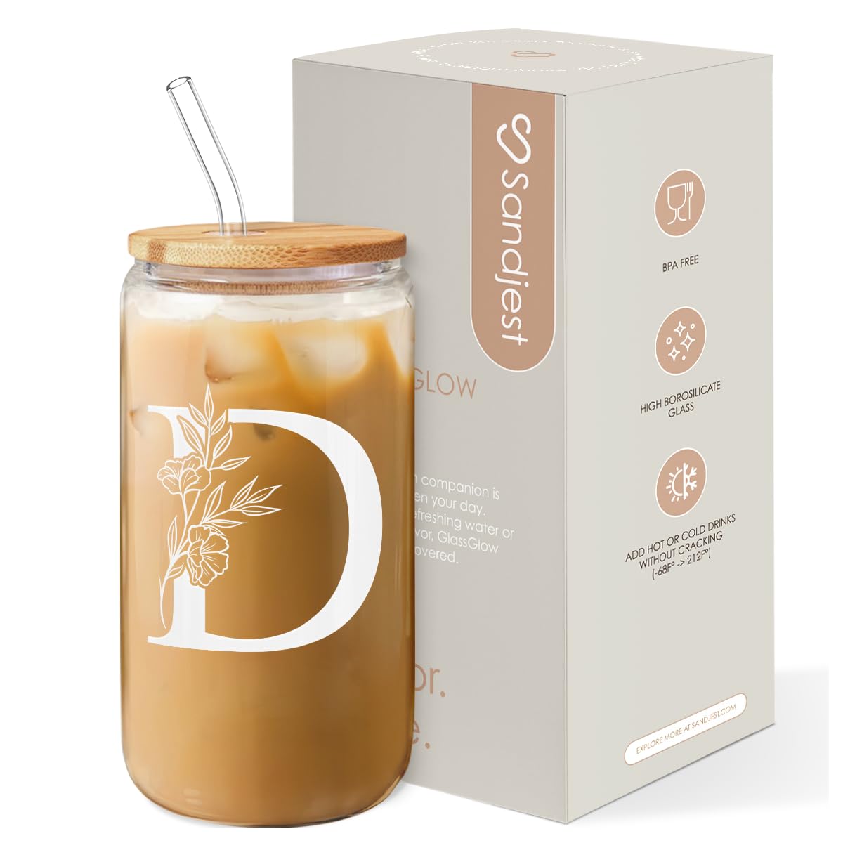 SANDJEST Monogrammed Gifts for Women - Monogram D Initial Glass Cup 16 Oz Can Coffee Cups with Lid and Straw - Monogram Initials Gifts for Womens on Birthday