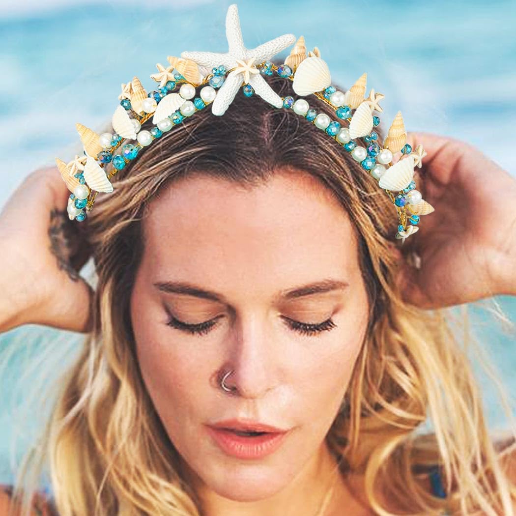 CAKURE Sea Star Crown Headband Boho Starfish Tiaras Beach Wedding Crowns Headpiece Sea Shell Headbands Pearl Beach Wedding Hair Accessories for Women