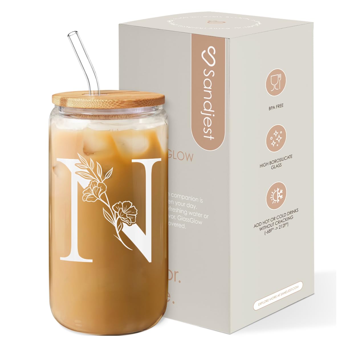 SANDJEST Monogrammed Gifts for Women - Monogram D Initial Glass Cup 16 Oz Can Coffee Cups with Lid and Straw - Monogram Initials Gifts for Womens on Birthday