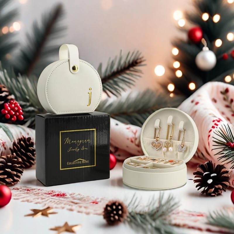 COLLECTIVE HOME - Travel Jewelry Case, Elegant Half-Moon Design with Gold Monogram, Detachable Handle, Personalized Accessory Organizer, Gift for Fashion-Forward Women and Teens (s)