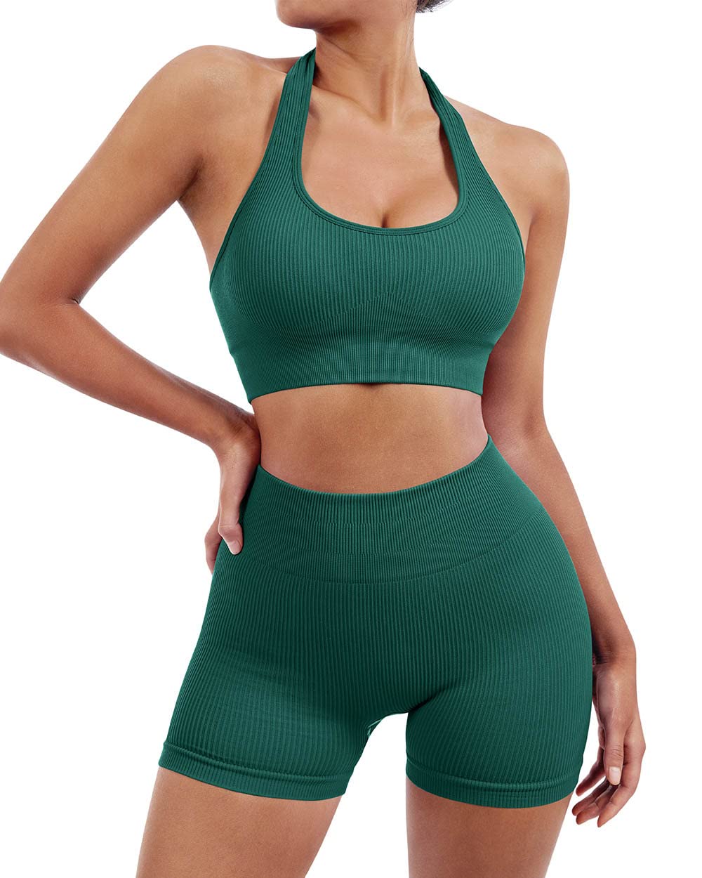 SUUKSESS Women Seamless Ribbed Workout Set Backless Sports Bra Booty Biker Short