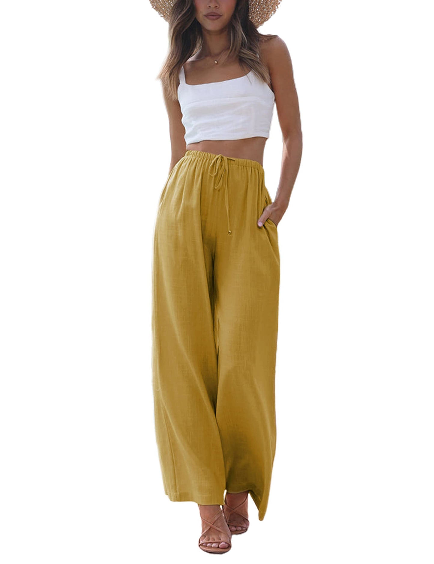 Faleave Women's Cotton Linen Summer Palazzo Pants Flowy Wide Leg Beach Trousers with Pockets