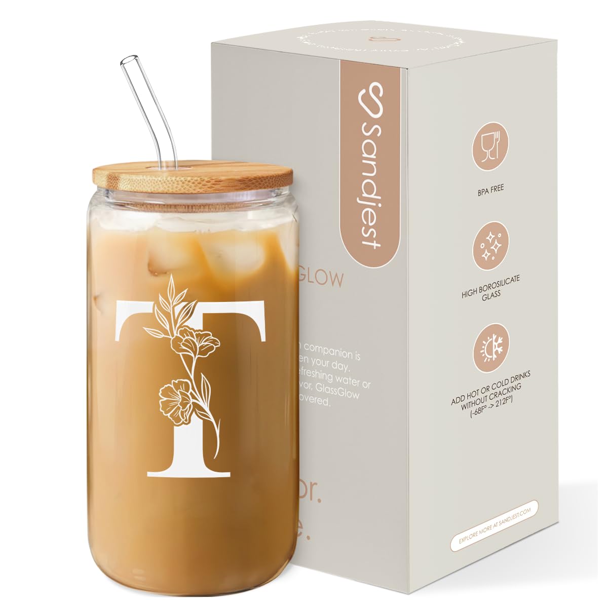 SANDJEST Monogrammed Gifts for Women - Monogram D Initial Glass Cup 16 Oz Can Coffee Cups with Lid and Straw - Monogram Initials Gifts for Womens on Birthday