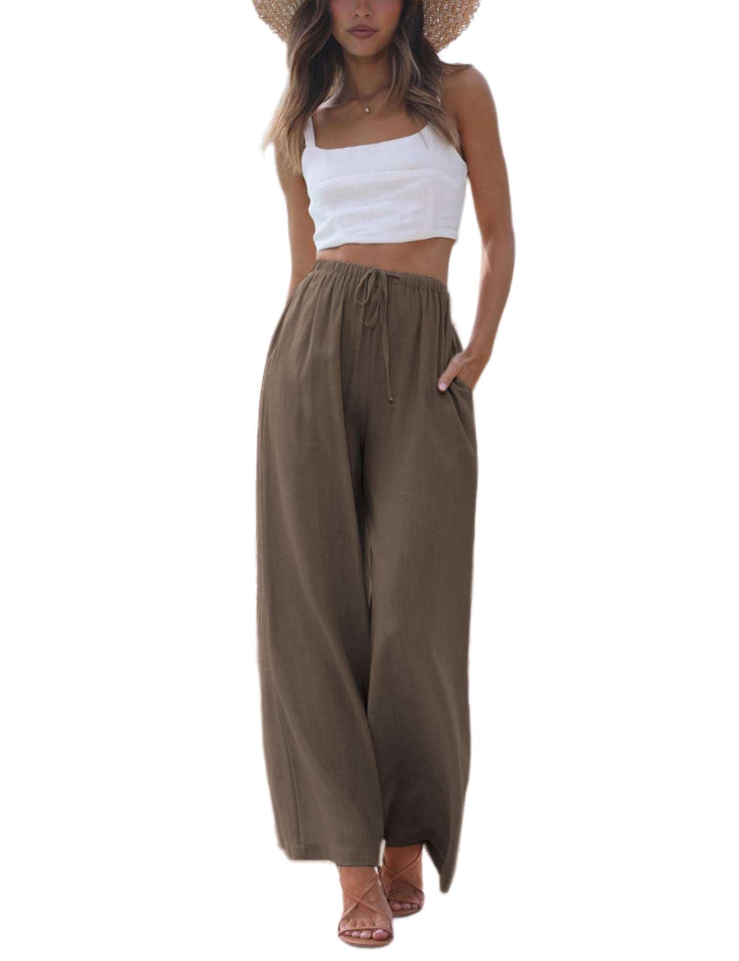 Faleave Women's Cotton Linen Summer Palazzo Pants Flowy Wide Leg Beach Trousers with Pockets