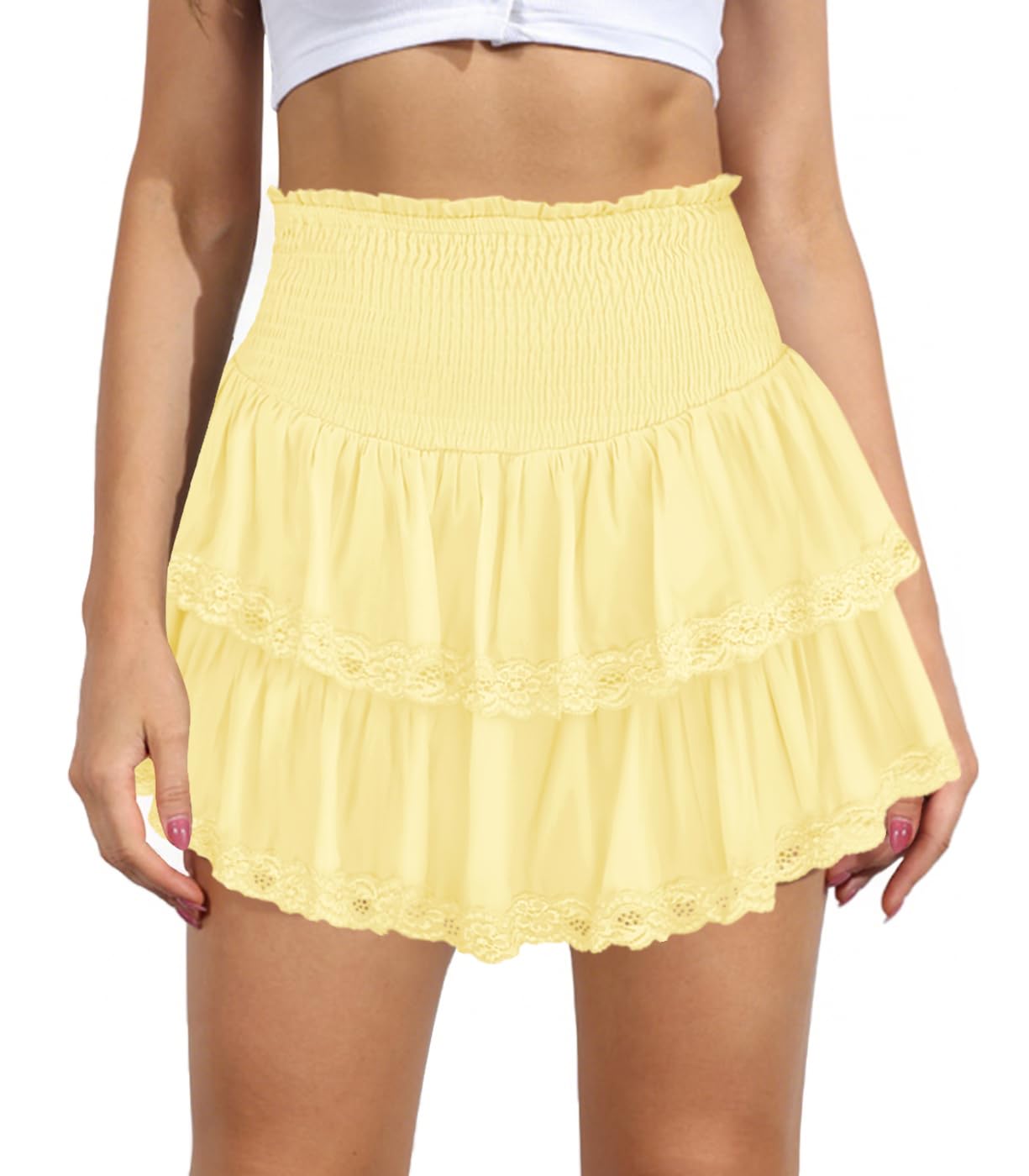 Women's Cute High Waist Ruffle Mini Skirt Layered Ruffle Hem Flared Flowy Casual Swing Beach Mini Short Skirt