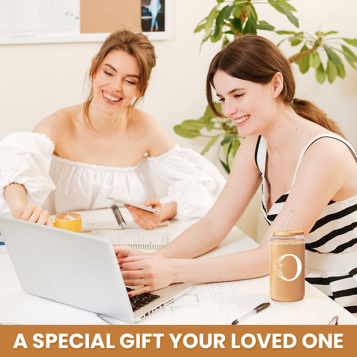 SANDJEST Monogrammed Gifts for Women - Monogram D Initial Glass Cup 16 Oz Can Coffee Cups with Lid and Straw - Monogram Initials Gifts for Womens on Birthday