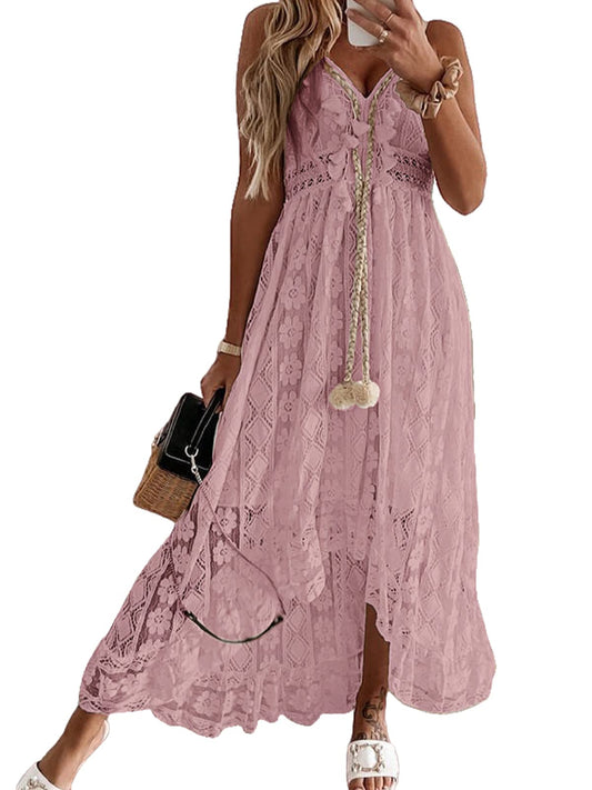 CUPSHE Women's Summer Dresses Sleeveless Lace Casual Tassel Beach Spaghetti Straps Flowy Maxi Sun Dress