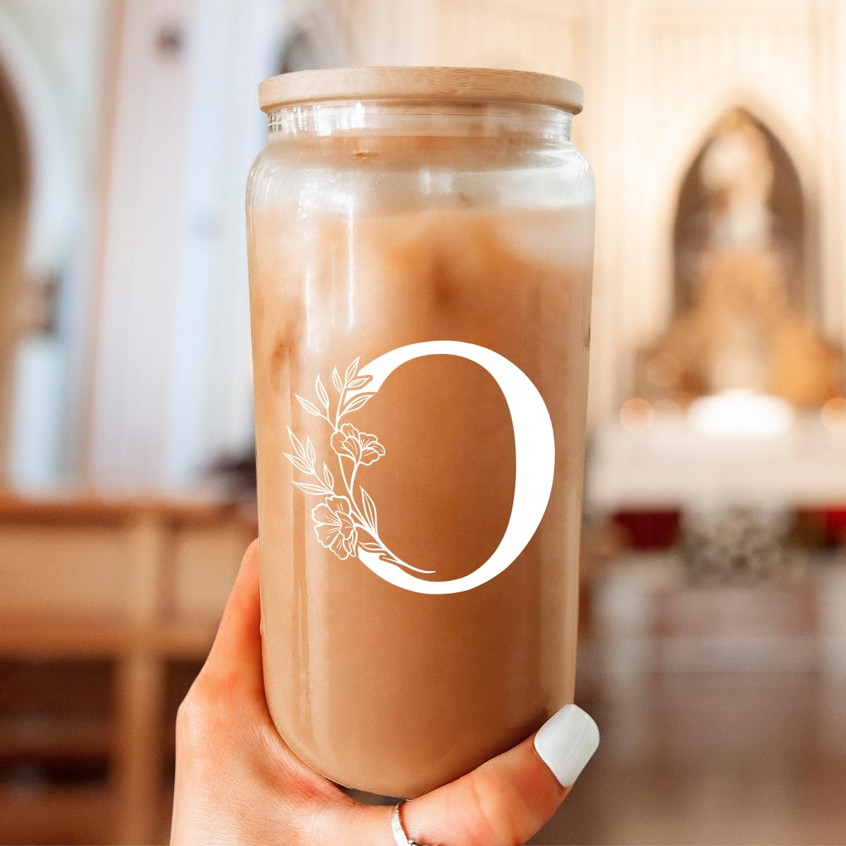 SANDJEST Monogrammed Gifts for Women - Monogram D Initial Glass Cup 16 Oz Can Coffee Cups with Lid and Straw - Monogram Initials Gifts for Womens on Birthday