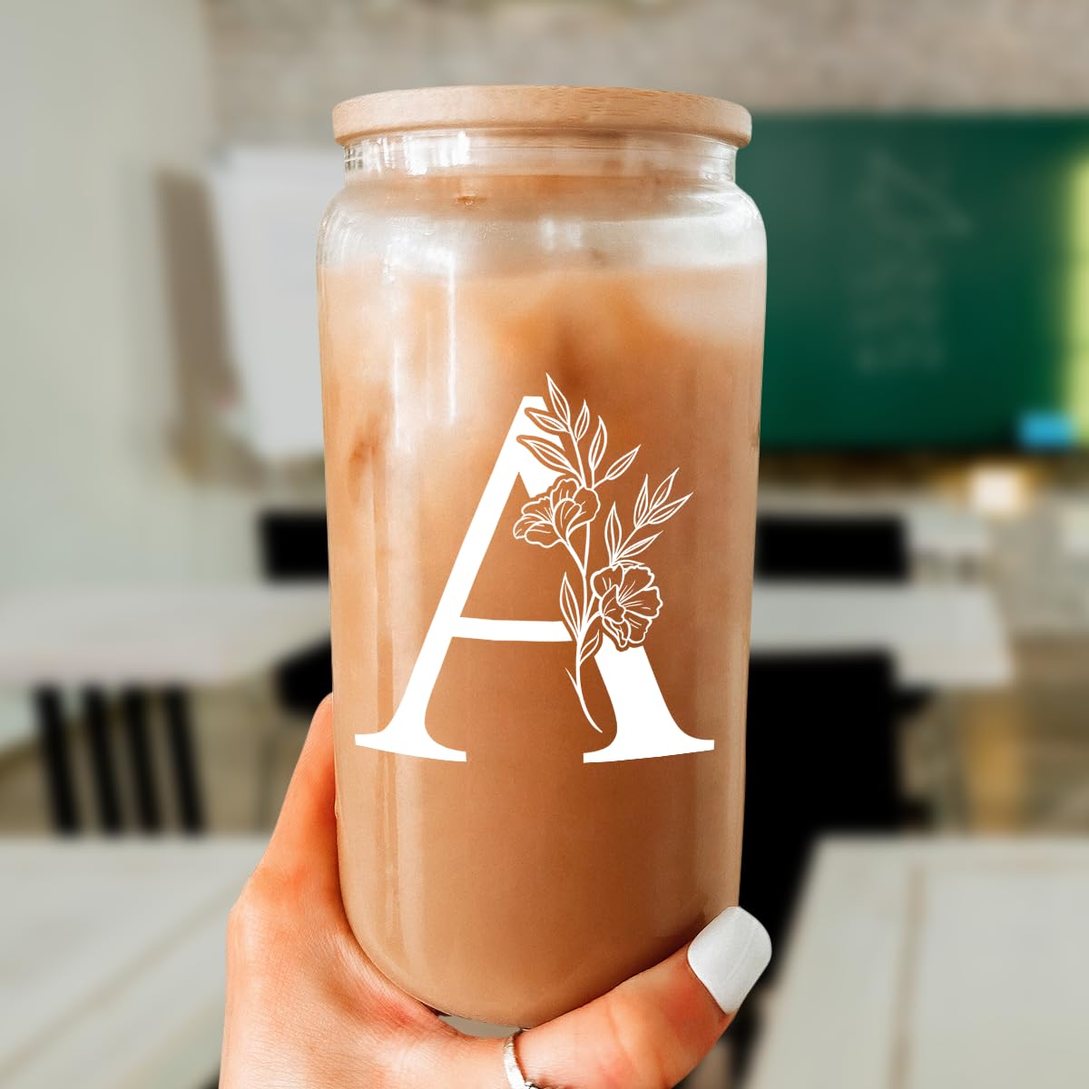 SANDJEST Monogrammed Gifts for Women - Monogram D Initial Glass Cup 16 Oz Can Coffee Cups with Lid and Straw - Monogram Initials Gifts for Womens on Birthday