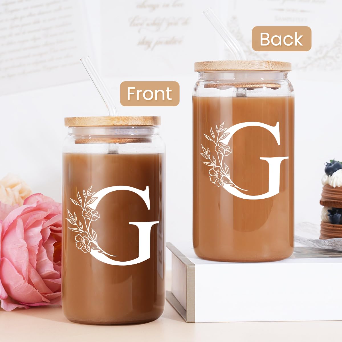 SANDJEST Monogrammed Gifts for Women - Monogram D Initial Glass Cup 16 Oz Can Coffee Cups with Lid and Straw - Monogram Initials Gifts for Womens on Birthday