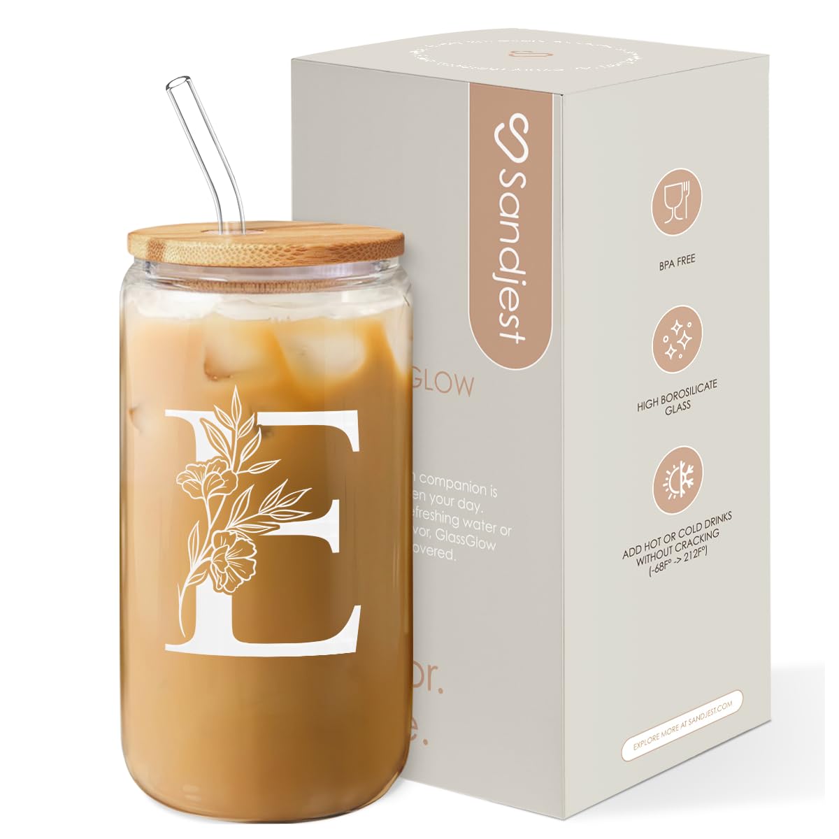 SANDJEST Monogrammed Gifts for Women - Monogram D Initial Glass Cup 16 Oz Can Coffee Cups with Lid and Straw - Monogram Initials Gifts for Womens on Birthday