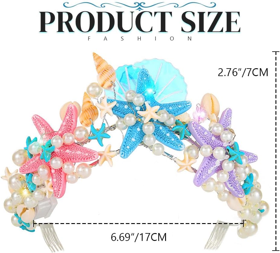 JEAIRTS Light Up Starfish Tiara and Crown Silver Led Beach Shell Mermaid Hair Accessories for Women