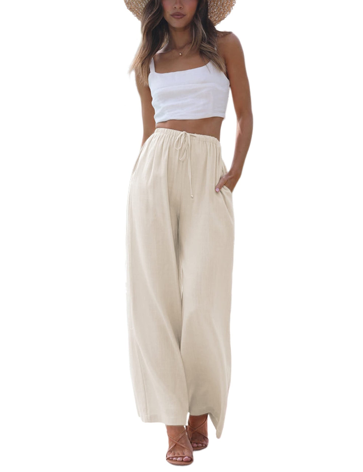 Faleave Women's Cotton Linen Summer Palazzo Pants Flowy Wide Leg Beach Trousers with Pockets